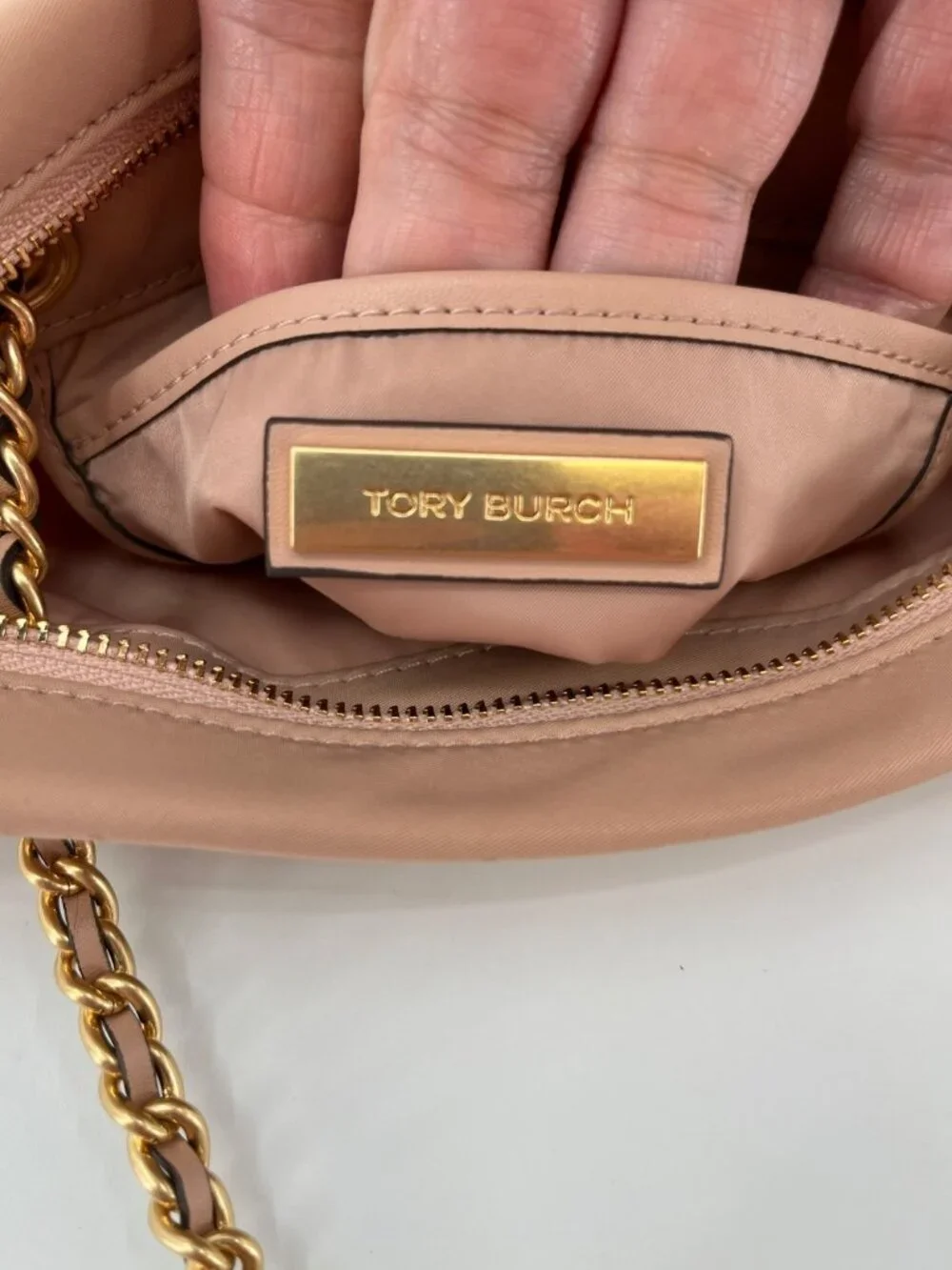 Tory Burch Ella Small Chain Crossbody Pink Sand Nylon Zip Tote Gold Logo Bag